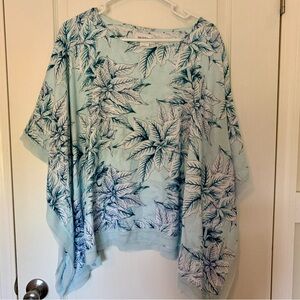 Peck & Peck Blue Linen Poncho Top Tropical Floral Leaves Lagenlook Boxy Relaxed